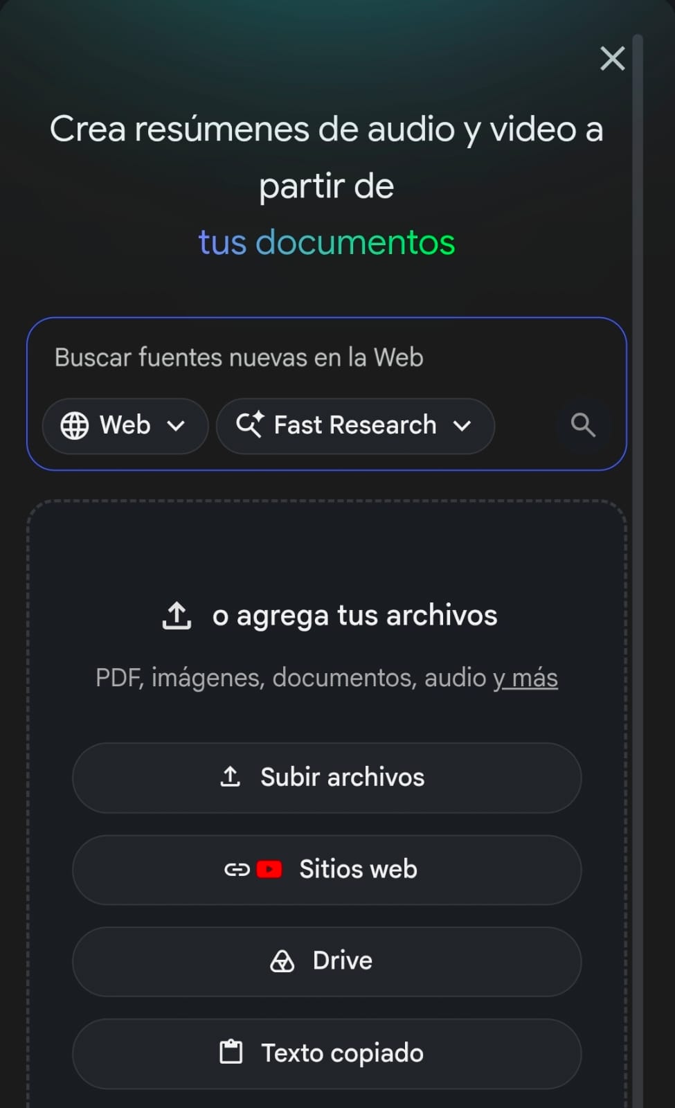 NotebookLM permite añadir archivos, sitios web, YouTube, Drive y texto copiado